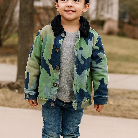 Boy + Girl Made in USA Boy Size 2 (fits larger) Sherpa lined Camo Denim Jacket - Picture 1 of 8